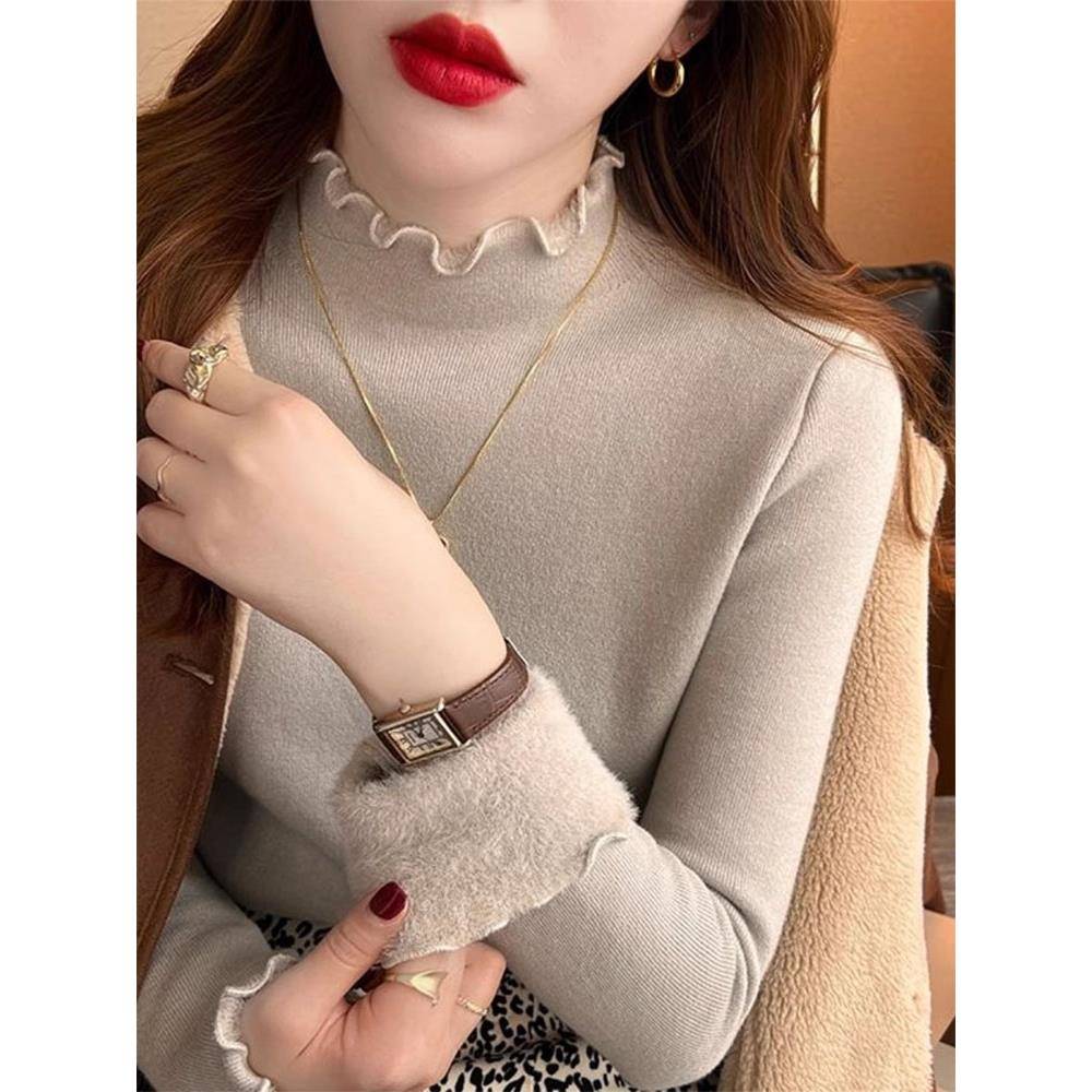 秋冬半高领一体绒打底衫女加绒加厚内搭毛衣洋气木耳边针织1024z