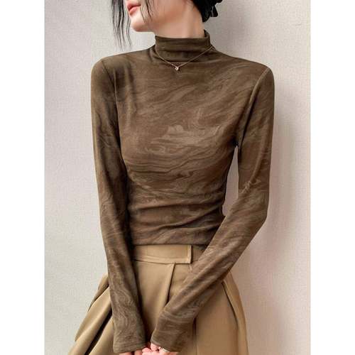 半高领扎染长袖T恤女2025秋季新款修身内搭打底衫外穿上衣女1220w