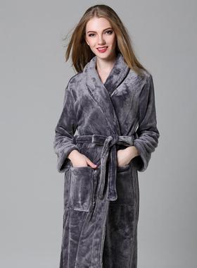 秋冬睡袍女款秋冬季加长款法兰绒加厚灰色珊瑚绒睡衣男士浴1009c