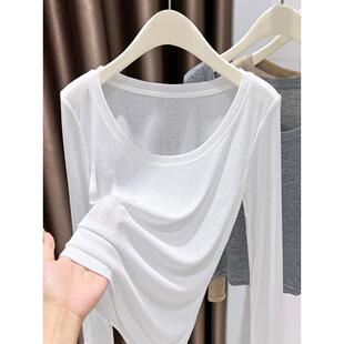 白色薄款针织打底衫女士长袖内搭2026季新款大圆领修身t恤上0301w