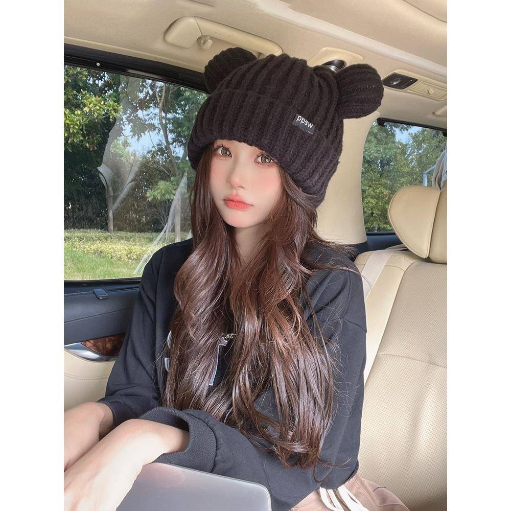 熊耳朵毛线帽女冬季20新款大头围黑色粗线针织帽子显脸小1130w