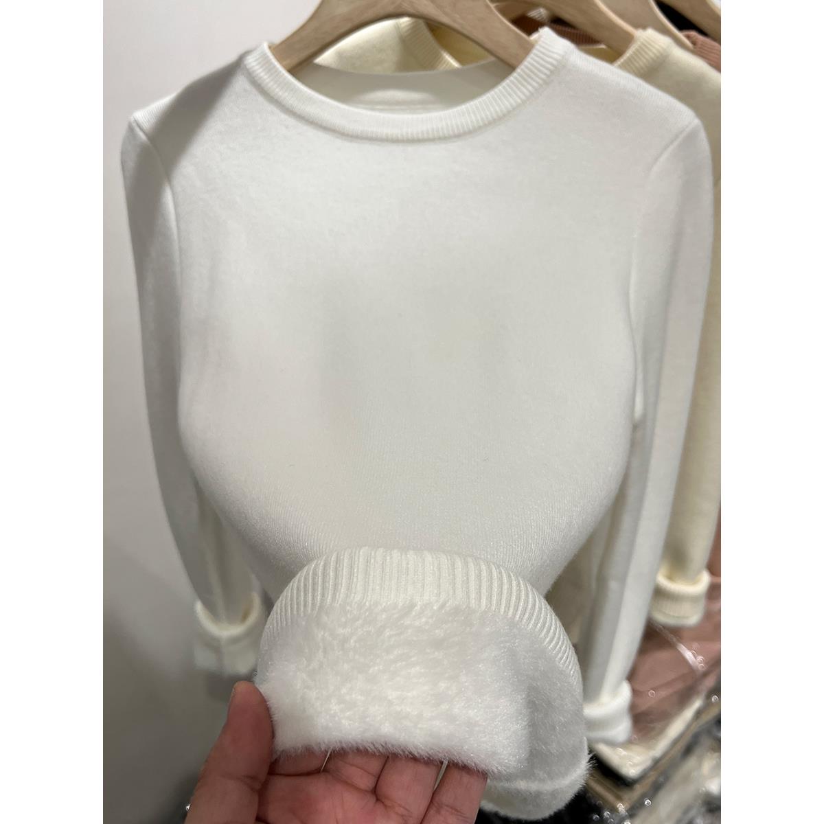 秋冬简约内搭一体绒加厚毛衣打底衫女气质圆领基础款针织上1211z