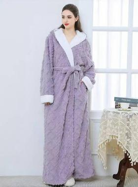 秋冬睡袍女款秋冬季加长款加厚紫色法兰绒2025新款男士睡衣1009c