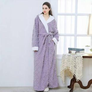 男士 秋冬睡袍女款 加厚紫色法兰绒2025新款 加长款 睡衣1009c 秋冬季
