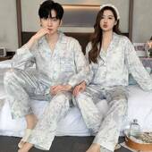 新款 0128z 覆古印花品牌家居服套装 高端缎面情侣睡衣女春长袖 开衫