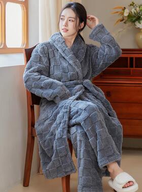 秋冬睡袍女秋冬季加长款舒棉绒灰色加厚两件套睡衣男珊瑚绒1009c