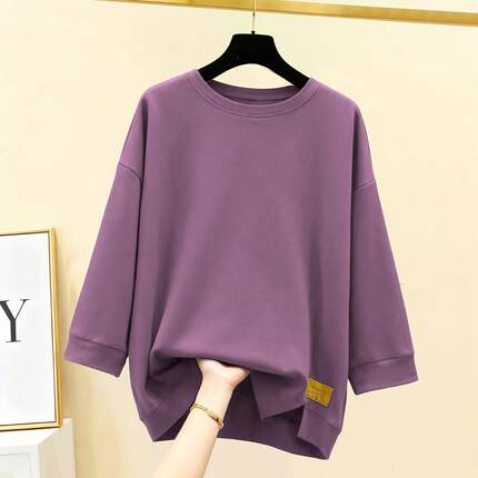 春季圆领时尚百搭女士t恤色简约洋气女装五分袖休闲上衣女0104z