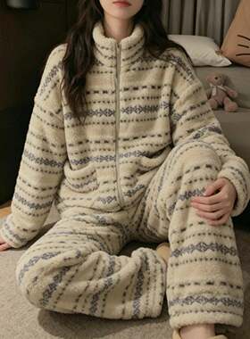 居家服冬费岛提花睡衣女新款立领加绒加厚保暖家居服复古珊1022r