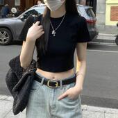 酷飒辣妹修身 短款 黑色上衣女2026短袖 春季 T恤韩版 洋派圆领半0205z