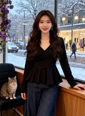 春女打底衫大码胖感黑色V领长袖T恤2026季新款收腰显瘦百搭0110k