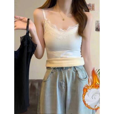 蕾丝边加绒吊带背心女秋冬加厚一体绒V领打底衫西装内搭保暖1112r