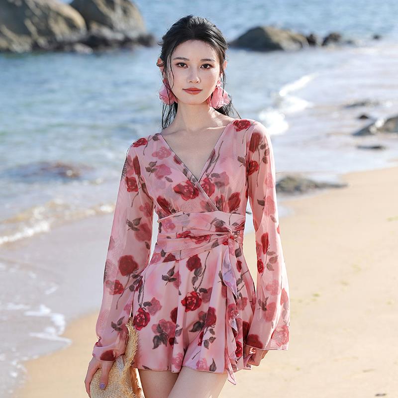泳衣女绝美微胖mm大码连体裙式遮肉显瘦钢托聚拢长袖防晒0930z