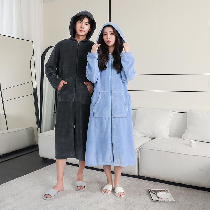秋冬加厚睡袍男冬季珊瑚绒连帽浴袍女长裙睡袍浴衣加大码睡1009c
