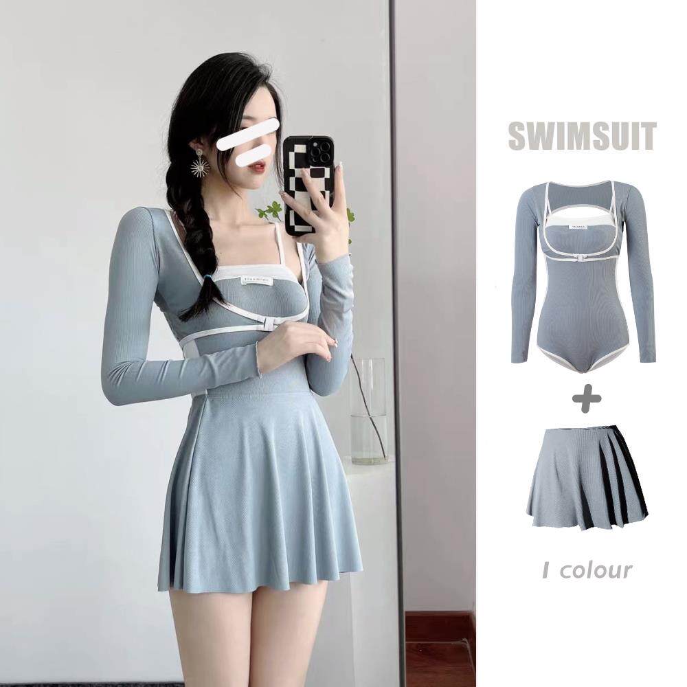 泳衣女三件套长袖防晒保守显瘦韩版高级感少女聚拢抛温泉泳0416e