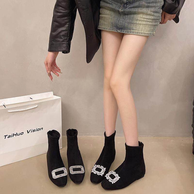 法式小短靴2026新款方扣水钻弹力靴低跟方头加面瘦瘦靴0122k,女鞋,时装靴,淘宝优惠券,粉丝福利购,淘宝优惠卷