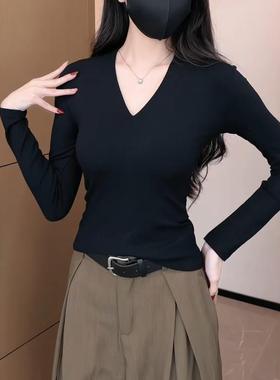 春女打底衫大码黑色v领长袖t恤季2026新款胖显瘦修身感上衣0110k