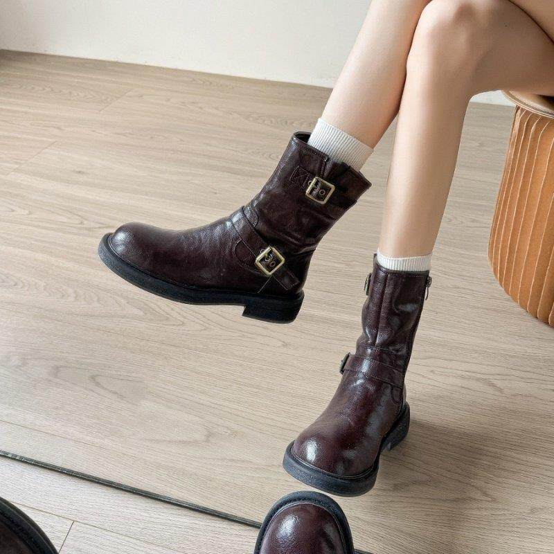 时尚皮带扣厚底短靴2026新款季棕色西部靴风0122k,女鞋,时装靴,淘宝优惠券,粉丝福利购,淘宝优惠卷
