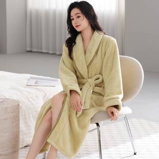 秋冬法兰绒加厚加绒保暖睡袍女秋冬季 珊瑚绒睡衣双面1009c 中长款