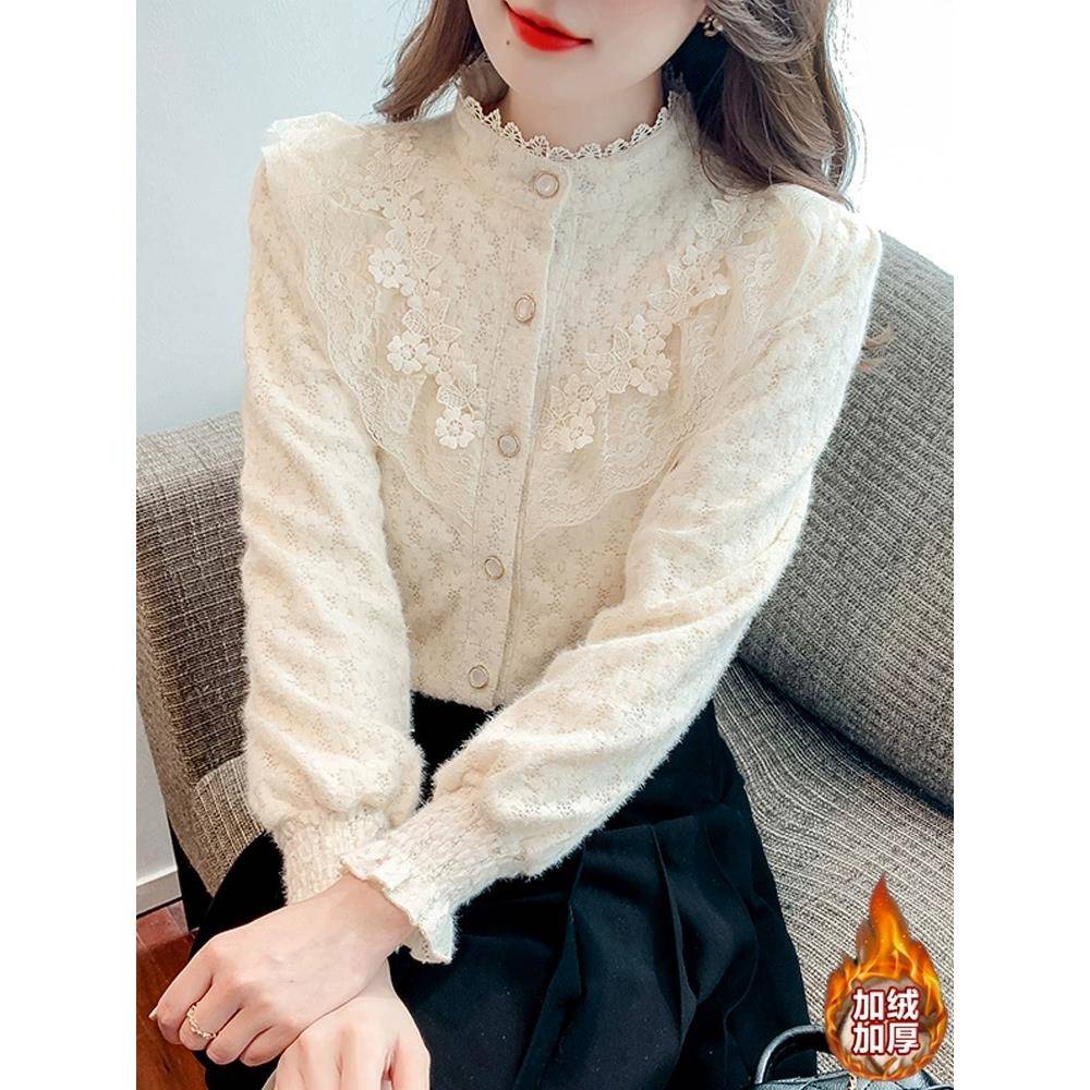 加绒加厚蕾丝打底衫女冬新款洋气内搭法式长袖衬衫半高领上1130w