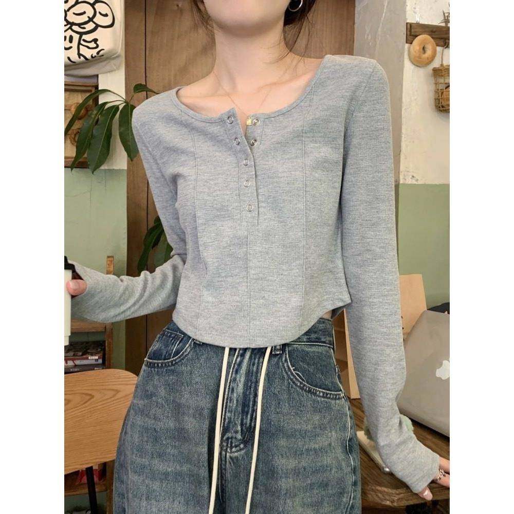 灰色v领正肩长袖t恤春感修身显瘦不规则鱼骨短款上衣0122k,女装/女士精品,T恤,淘宝优惠券,粉丝福利购,淘宝优惠卷