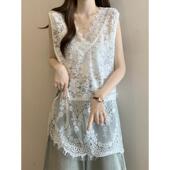 2026年夏季 大号胖毫米中长蕾丝钩针剪裁0203w 衬衫 女式 V领背心下装