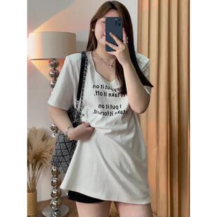 大尺码感U领正肩宽松短袖t恤女春夏新款遮肉显瘦中长版白色0227w