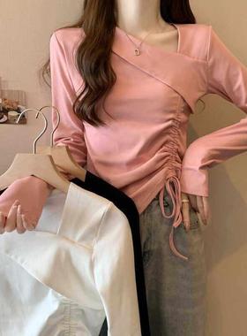 大码胖不规则长袖T恤春2026新款感抽绳打底衫内搭上衣0122k