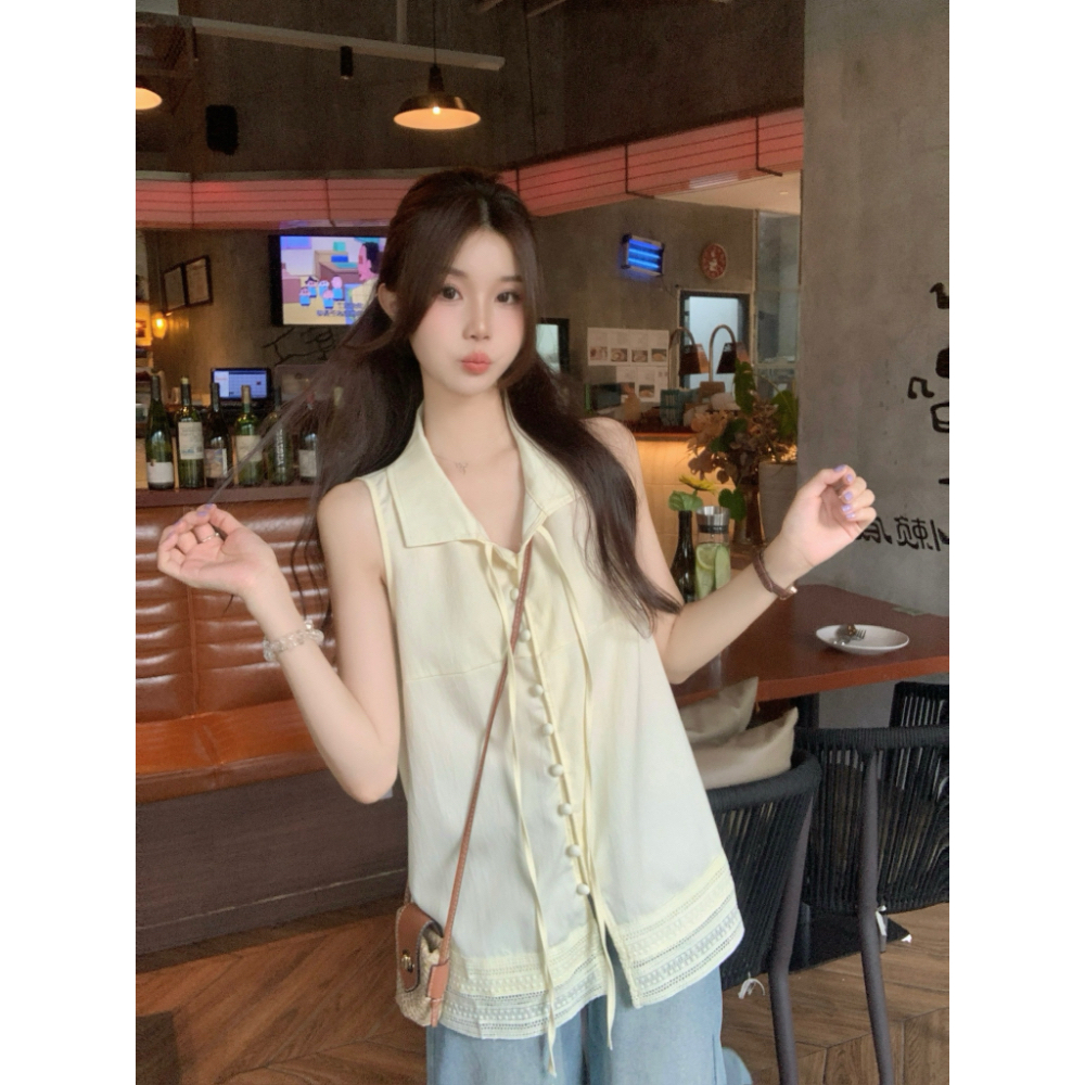 柚米Umail 韩系少女感系带polo领无袖衬衫女通勤百搭宽松气质衬衣