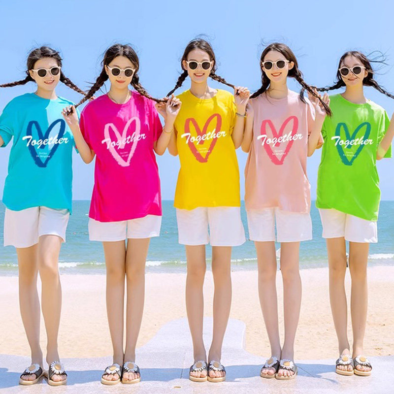 彩色闺蜜装t恤纯棉宽松圆领短袖姐妹装团队同学聚会上衣定制logo