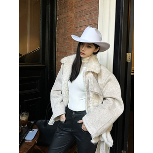 FYFTHX 毛呢羊羔毛拼接外套女短款秋冬新款夹棉加厚宽松H型显瘦女