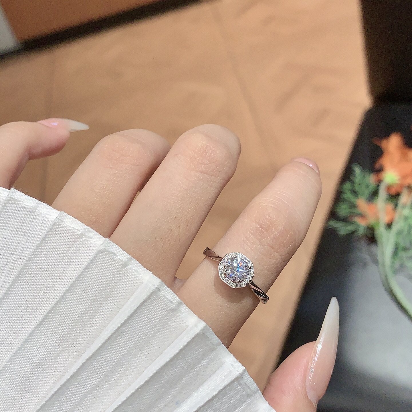 镶锆石开口戒指女 925纯银镀白金指环饰品闪仿钻圆形主石宸琪品牌