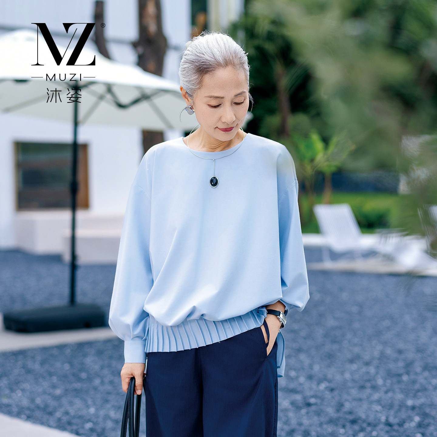 MZ沐姿女装春秋装长袖T恤衬衫上衣中年秋天洋气休闲短款蓝色衬衣