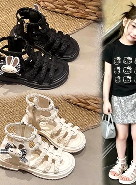 女童罗马凉鞋夏季新款卡通兔子公主鞋软底洋气露趾拉链凉鞋中大童