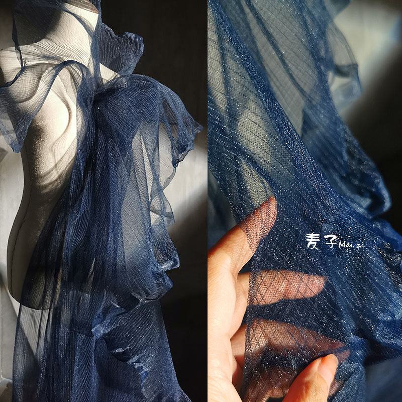 深蓝色褶皱蕾丝diy婚纱礼服蕾丝