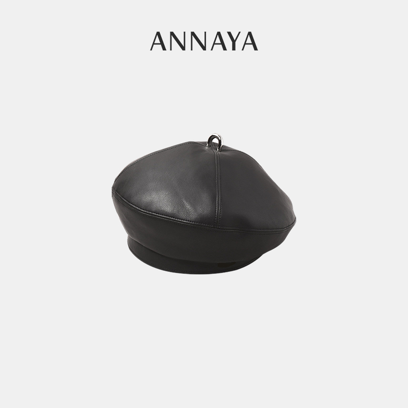 Annaya吴倩田曦薇同款小羊皮贝雷帽真皮帽子英伦风显脸小画家帽
