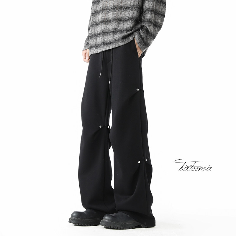 直筒卫裤男铆钉褶皱伞兵裤美式高街长裤子A166-KA5704-特P47控88，男装休闲裤，电商A166