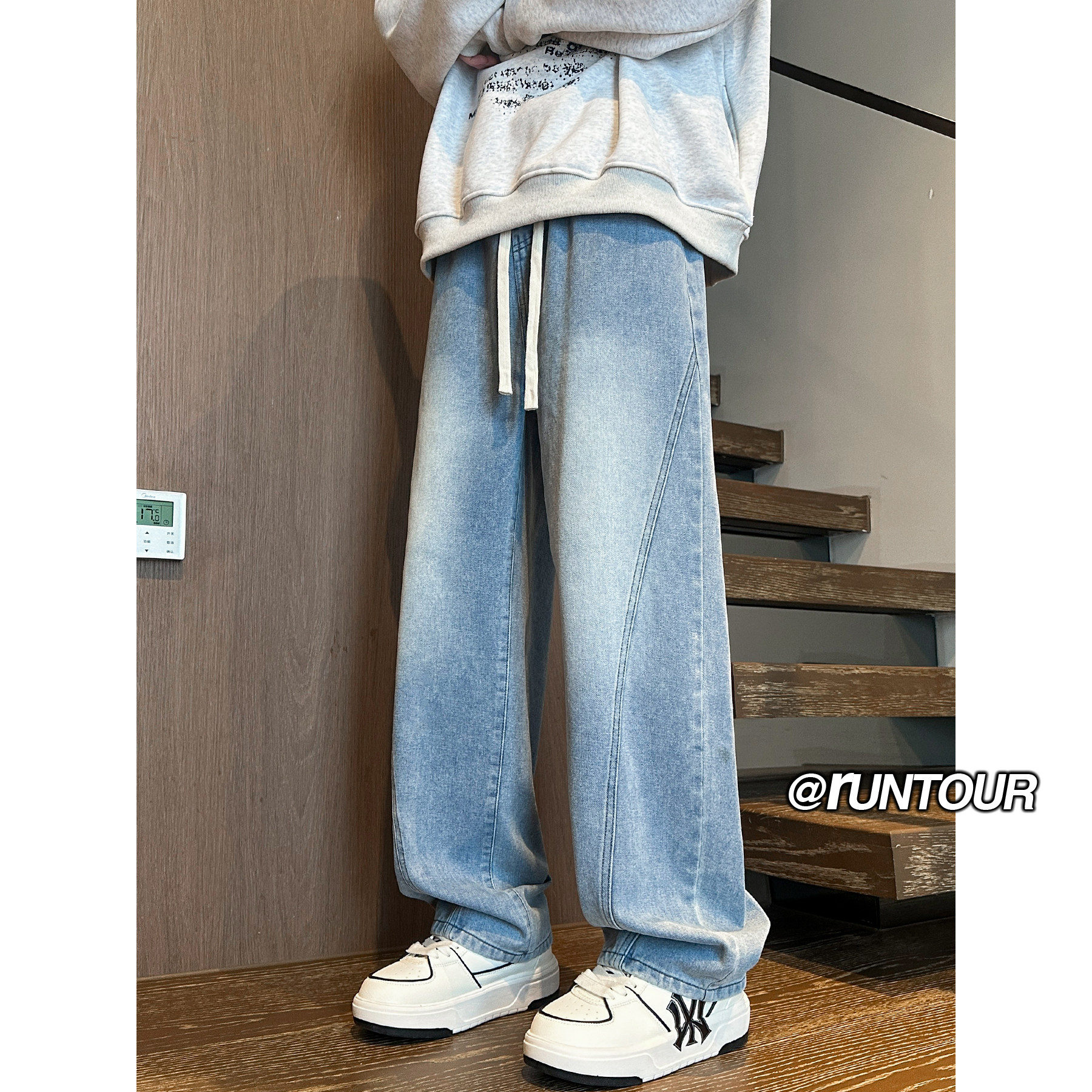 美式阔腿弯刀牛仔裤男秋冬宽松阔腿拖地裤子A166-NA4J01-P45控75,男装牛仔裤,电商A166