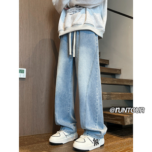 美式阔腿弯刀牛仔裤男秋冬宽松阔腿拖地裤子A166-NA4J01-P45控75