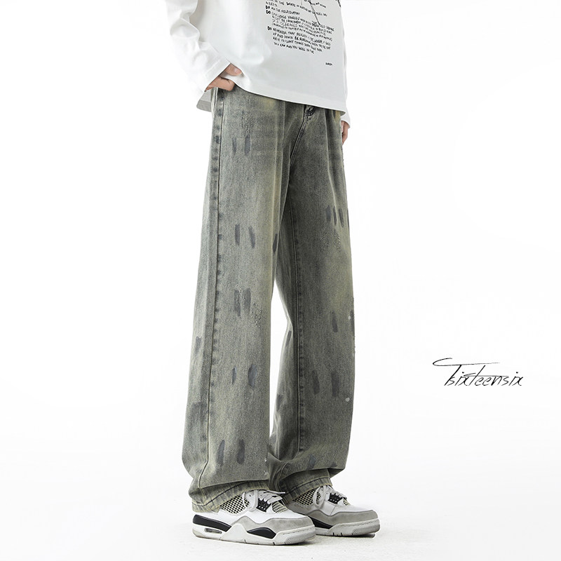 美式高街直筒破洞牛仔裤男油漆点阔腿长裤A166-NX5906-特P37控68，男装牛仔裤，电商A166