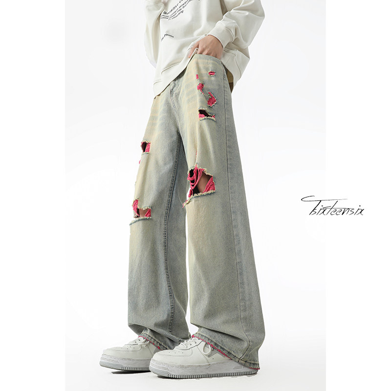 美式破洞牛仔裤男2026春季休闲宽松直筒裤A166-NA5406-特P45控89，男装牛仔裤，电商A166