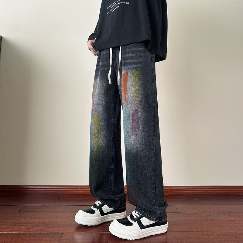 牛仔裤男秋季宽松高街潮流彩绘油画刷漆裤子A166-N580-P50控85,男装牛仔裤,电商A166