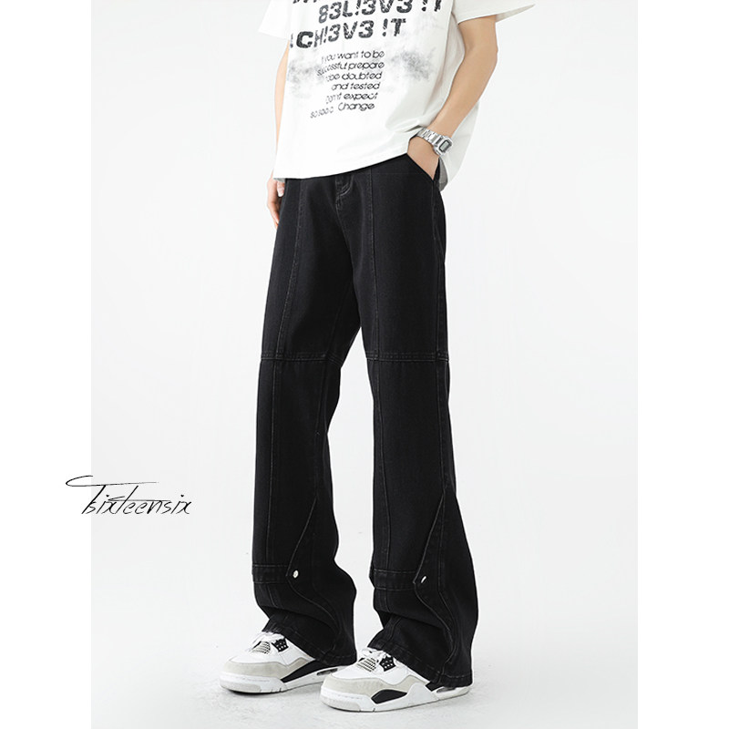 美式拼接牛仔裤男款夏季高街微喇宽松直筒裤男A166-K035-P45控75,男装牛仔裤,电商A166