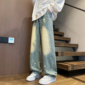 水洗漆点牛仔裤男款美式复古水洗宽松直筒长裤A166-N546-P50控85图片