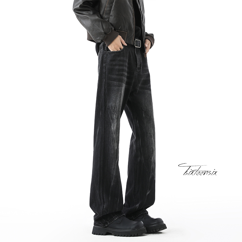 高街水洗闪电纹牛仔裤男秋季美式高街微喇长裤A166-N554-P55控85，男装牛仔裤，电商A166