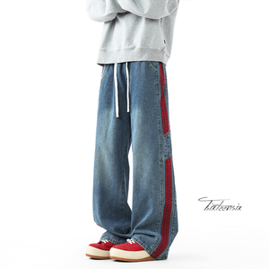 美式条纹阔腿牛仔裤男宽松做旧直筒休闲裤A166-NA5515-特P40控75图片