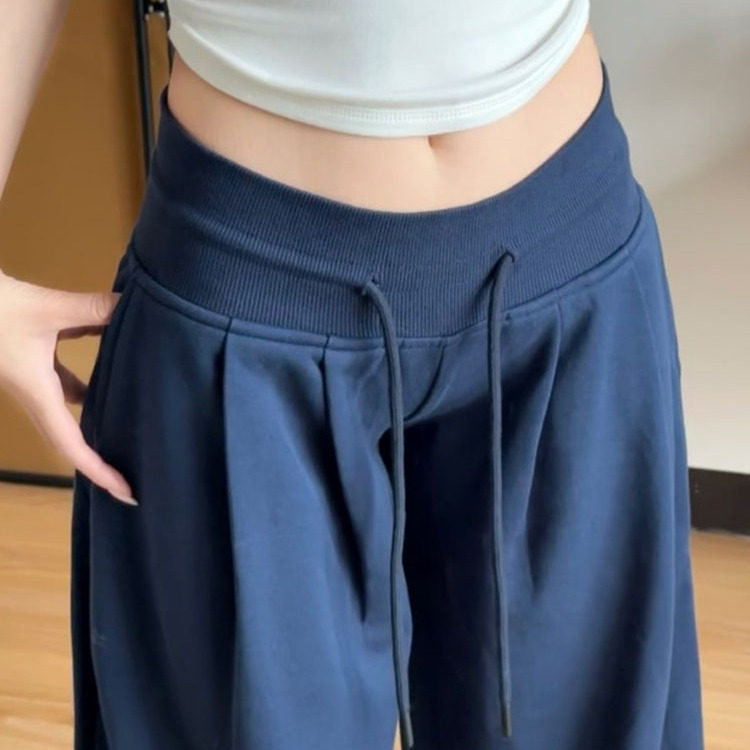 美式藏青色褶皱卫裤女春秋小个子低腰大码复古宽松垂感阔腿运动裤