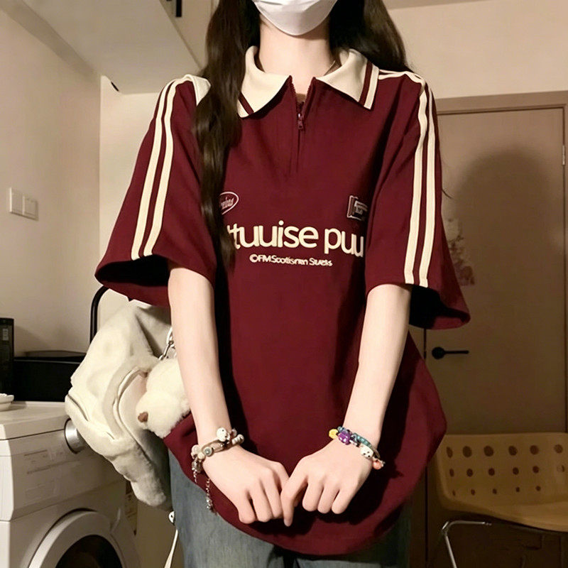 美式复古polo领学生短袖t恤女夏宽松oversize学院风拉链半袖上衣
