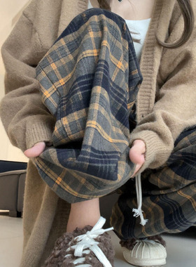 黄色格子裤女春秋2025高腰小个子垂感休闲裤慵懒BF复古直筒阔腿裤