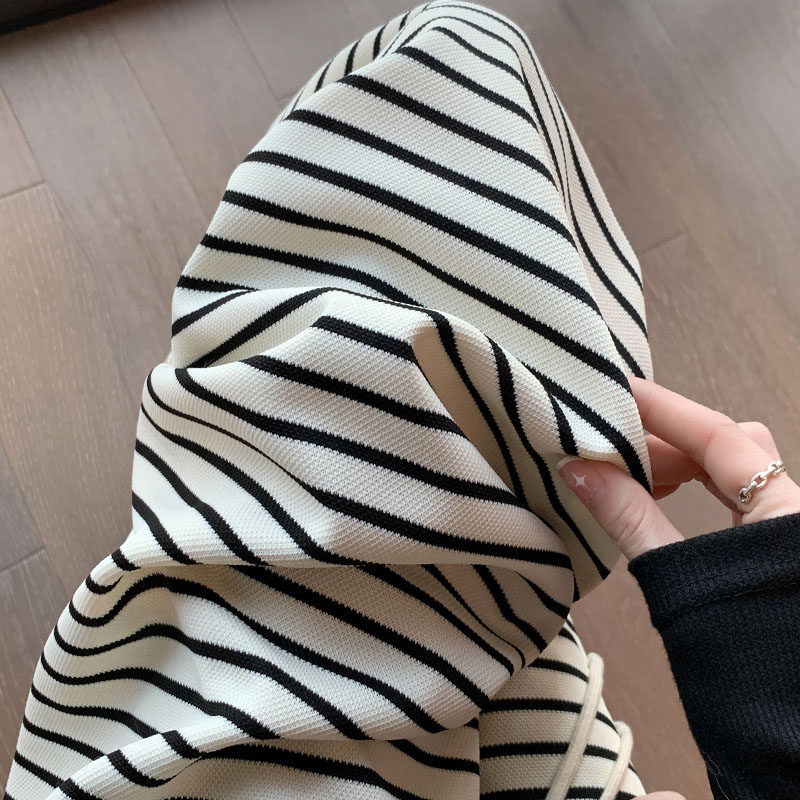 黑白条纹阔腿女夏季薄款高腰垂感小个子窄版显瘦直筒裤宽松休闲裤