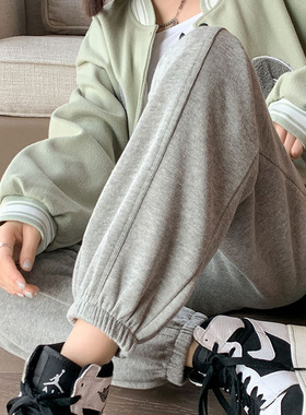 灰色运动裤女春秋2023新款宽松束脚棉卫裤小个子休闲哈伦裤潮ins
